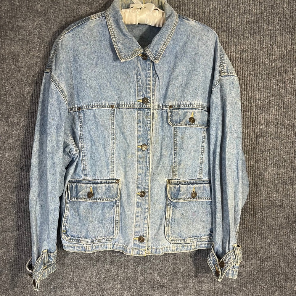 Vintage 90s Lizwear Denim Chore Jacket Coat Women L Light Wash Distressed Cotton